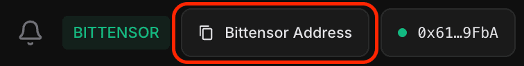 MegaTAO header showing the Bittensor Address button with copy icon, displaying the SS58 address for transferring funds